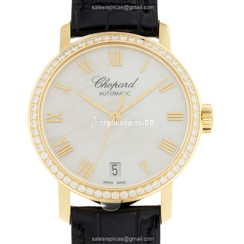 Chopard CLASSIQUE Replica - Automatic - 18kt Gold - Diamond - White Dial - Leather Black Strap
